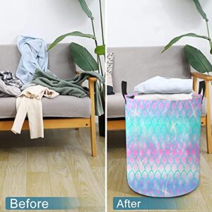 Mermaid Scale Stars Laundry Basket Waterproof Dirty Clothes Hamper Collapsible Toys Storage Bins with Handle for College Dorm Bathroom