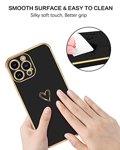 BENTOBEN iPhone 14 Pro Case, Cute Heart Pattern Slim 14 Pro Charging Case, Soft Flexible Shockproof TPU Bumper Women Girl Non-Slip Lightweight Protective Phone Cover for iPhone 14 Pro 6.1", Black/Gold