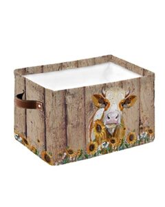 cube storage bins cloth towel organizer vintage farm cattle with sunflower board plank painting fabric collapsible storage baskets with handles for home office closet shelves toy nursery 1 pack