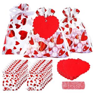 valentine's day heart organza bags with drawstring, 50 pcs valentine treat candy bag gift jewelry pouches with 50 pcs heart tags for valentine's day wedding festival party supply,(3 x 4 inch)