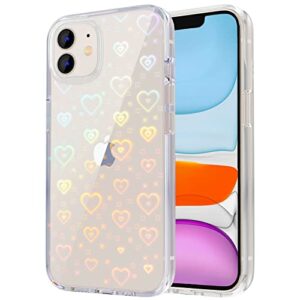 tksafy for iphone 11 case, clear glitter cute laser holographic love heart pattern for women girls, anti-scratch hard pc protective phone cover for apple iphone 11 6.1-inch 2019, rainbow heart