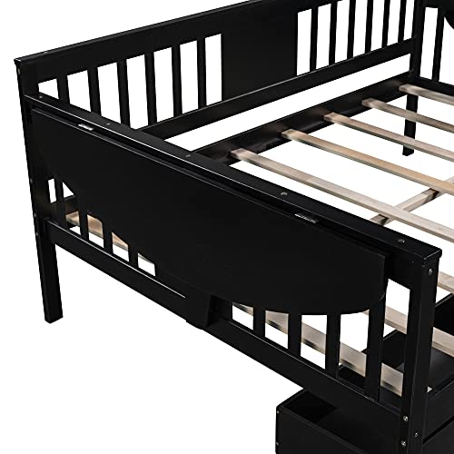 ODC Full Daybed with 2 Storage Drawers, Solid Wood Daybed Frame with Foldable Tables, Multi-Functional Sofa Bed, Daybed for Kids/Guest Bedroom, No Box Spring Required