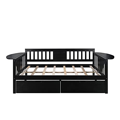 ODC Full Daybed with 2 Storage Drawers, Solid Wood Daybed Frame with Foldable Tables, Multi-Functional Sofa Bed, Daybed for Kids/Guest Bedroom, No Box Spring Required