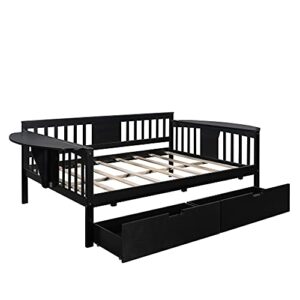 ODC Full Daybed with 2 Storage Drawers, Solid Wood Daybed Frame with Foldable Tables, Multi-Functional Sofa Bed, Daybed for Kids/Guest Bedroom, No Box Spring Required