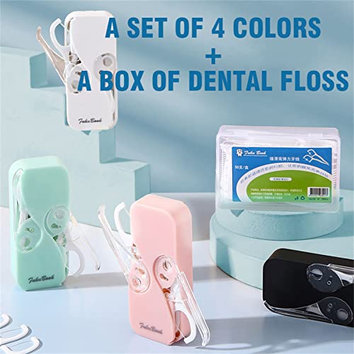 Portable Floss Dispenser, with A Box of Dental Floss,Dispenser Automatic Dental Floss Picks Cases for Teeth Cleaning,Floss Dispenser Refillable(4 Color with A Box of Dental Floss)