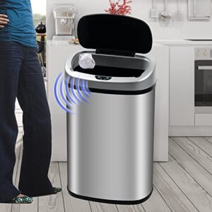 automatic trash can, 13 gallon kitchen trash can, touchfree garbage cans for kitchen, stainless steel trash can with lid, large motion sensor trash cans, tall electric metal garbage can for office