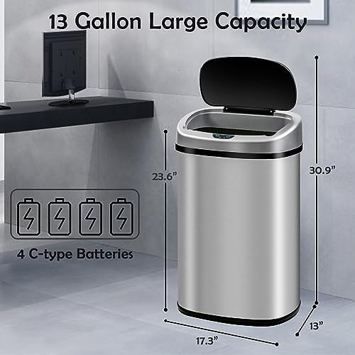 Automatic Trash Can, 13 Gallon Kitchen Trash Can, Touchfree Garbage Cans for Kitchen, Stainless Steel Trash Can with Lid, Large Motion Sensor Trash Cans, Tall Electric Metal Garbage Can for Office