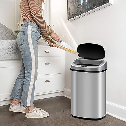 Automatic Trash Can, 13 Gallon Kitchen Trash Can, Touchfree Garbage Cans for Kitchen, Stainless Steel Trash Can with Lid, Large Motion Sensor Trash Cans, Tall Electric Metal Garbage Can for Office