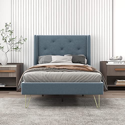 AGARTT Upholstered Platform Twin Size Bed Frame with Wingback Headboard No Box Spring Required No Noise Dark Grey Linen