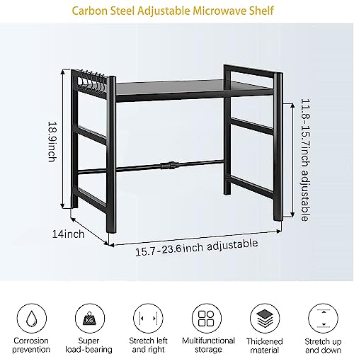 Expandable Microwave Oven Rack, Double Layer Carbon Steel Adjustable Microwave Shelf, Toaster Rack Heavy Duty Stand Kitchen Countertop Organizer, 55 lb Load Bearing, 2 Tier with 6 Hooks(Black)