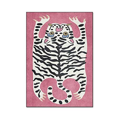 Pink Cartoon Tiger Rug for Living Room 4x6 ft Vintage Boho Rug for Bedroom Washable Funky Boys Girls Room Carpet Non-Slip Cute Abstract Modern Mats