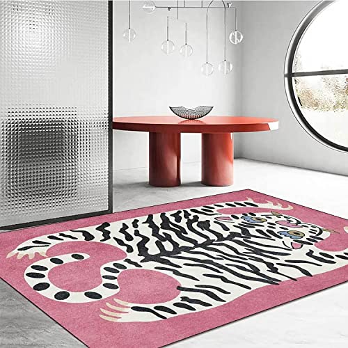 Pink Cartoon Tiger Rug for Living Room 4x6 ft Vintage Boho Rug for Bedroom Washable Funky Boys Girls Room Carpet Non-Slip Cute Abstract Modern Mats