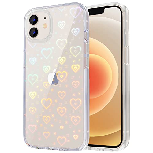 Tksafy Case for iPhone 12, iPhone 12 Pro Case, Clear Glitter Cute Laser Holographic Love Heart Pattern for Women Girls, Anti-Scratch Hard PC Protective Phone Cover for iPhone 12/12 Pro, Rainbow Heart