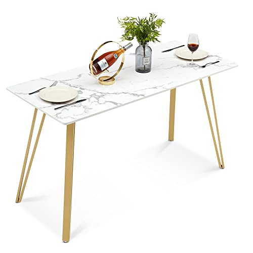 ivinta White Marble Dining Table, Modern Rectangle 55 inch Dining Room Table for 4/6, White Dining Table with Gold Hairpin Legs, Italian Type Simple Tea Table, Kitchen Table (Easy Assembly) (White)