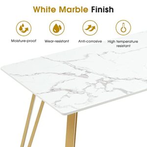 ivinta White Marble Dining Table, Modern Rectangle 55 inch Dining Room Table for 4/6, White Dining Table with Gold Hairpin Legs, Italian Type Simple Tea Table, Kitchen Table (Easy Assembly) (White)