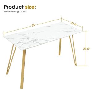 ivinta White Marble Dining Table, Modern Rectangle 55 inch Dining Room Table for 4/6, White Dining Table with Gold Hairpin Legs, Italian Type Simple Tea Table, Kitchen Table (Easy Assembly) (White)