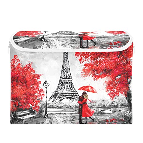 Oil Painting Paris European City Landscape Storage Bins for Closet, Collapsible Storage Baskets with Lids and Handles for Shelves Closet Home Decor