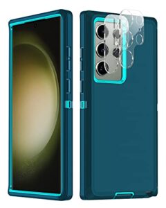 i-honva for samsung galaxy s23 ultra case with 2 pack camera lens protector heavy duty shockproof 3-layer full body protection durable cover case for galaxy s23 ultra 5g 6.8 inch 2023,turquoise