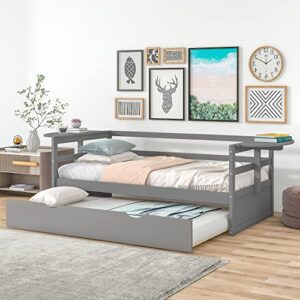softsea twin daybed with foldable shelves, wood day bed frame with trundle (gray)