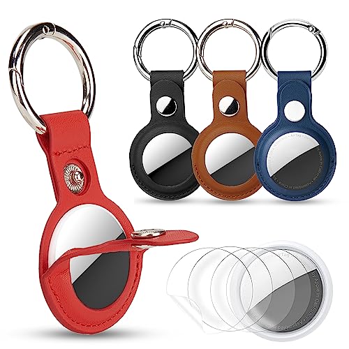 4 Pack Airtag Holder Leather Airtag Keychain with Loop Keyring, Airtag Protective case Includes 4 Screen Protector & 2 Dust Absorber, Airtag Holder Compatible with Apple airtag (Pack of 4)