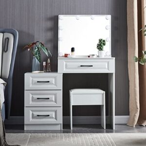 kkonetoy makeup vanity desk with lighted mirror, dressing table set with stool and drawers, white, 47" h x 31.5" w x 14.2" w