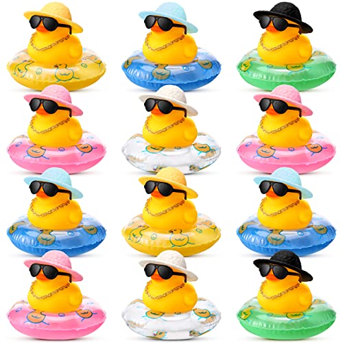 Rubber Ducks for Dashboard, Self Adhesive Rubber Ducks Car Ornaments with Hat Necklace and Sunglasses, Funny and Cool (12, Cool Rubber Duck)