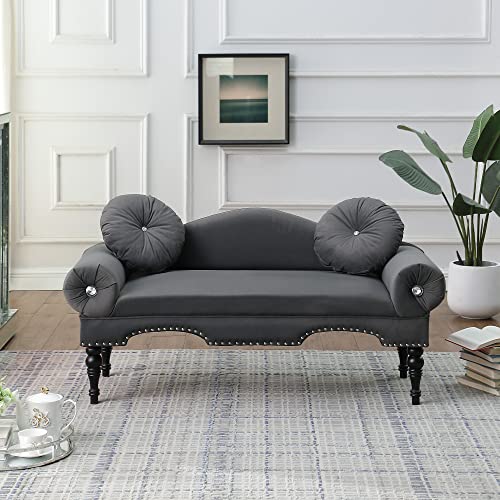 Holaki 54" Velvet Loveseat Sofa,Upholstered 2 Seater Couch Settee with 2 Round Pillows, Modern Love Seat with Nailhead Trim Roll Arm,Accent Bedside Entryway Window Bench for Living Room(Grey)