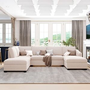 moeo large u-shape sectional sofa, double extra wide chaise lounge couch, birch wood legs sponge, for living room apartment, office, beige