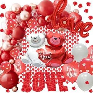 valentine day balloon decorations kit, scmdoti valentine day balloons arch garland with red love and bear foil balloon,1000pcs rose petals for valentine day decorations, romantic night, anniversary