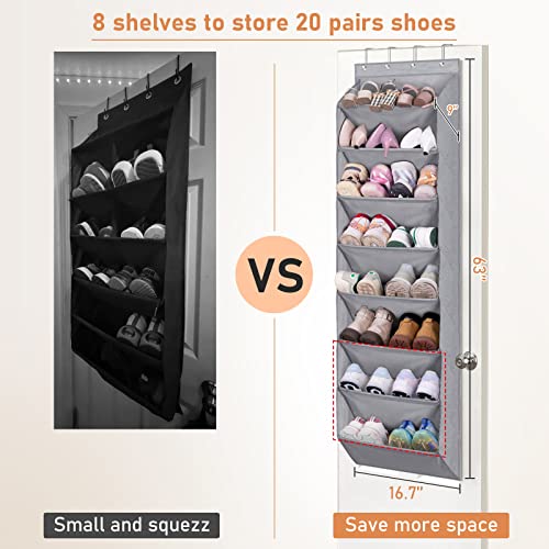 KEETDY Over the Door Shoe Organizer with 8 Deep Pockets, Hanging Shoe Rack for Closet Hanger Fits 20 Pairs Shoe Holder for Narrow Door Shoe Storage, Grey