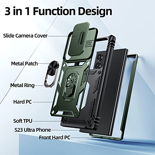 Mansoorr for Samsung Galaxy S23 Ultra Case, Slide Camera Cover, Built-in 360° Rotate Ring Kickstand [Military Grade Shockproof Test] Protective Case for Galaxy S23 Ultra 5G 6.8 inch 2023,Green