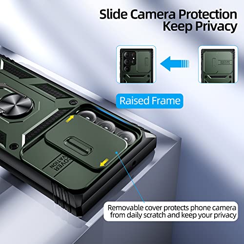 Mansoorr for Samsung Galaxy S23 Ultra Case, Slide Camera Cover, Built-in 360° Rotate Ring Kickstand [Military Grade Shockproof Test] Protective Case for Galaxy S23 Ultra 5G 6.8 inch 2023,Green