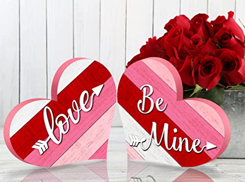 2 Pieces Valentine's Day Wooden Table Sign, Rustic Heart Shape Wood Love Sign Decor, Be Mine Romantic Home Centerpiece Freestanding Table Decoration for Home Wedding Anniversary Party Large Size