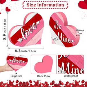 2 Pieces Valentine's Day Wooden Table Sign, Rustic Heart Shape Wood Love Sign Decor, Be Mine Romantic Home Centerpiece Freestanding Table Decoration for Home Wedding Anniversary Party Large Size