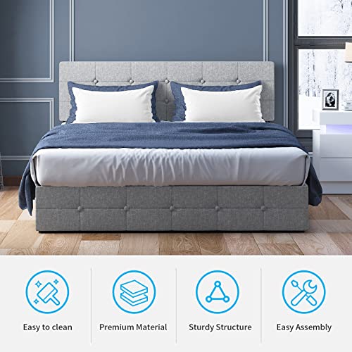 BALUS King Size Platform Bed Frame, Upholstered and Button Tufted Headboard Square Stitched, 4 Storage Drawers, Headboard Adjustable, No Box Spring Needed- Light Grey