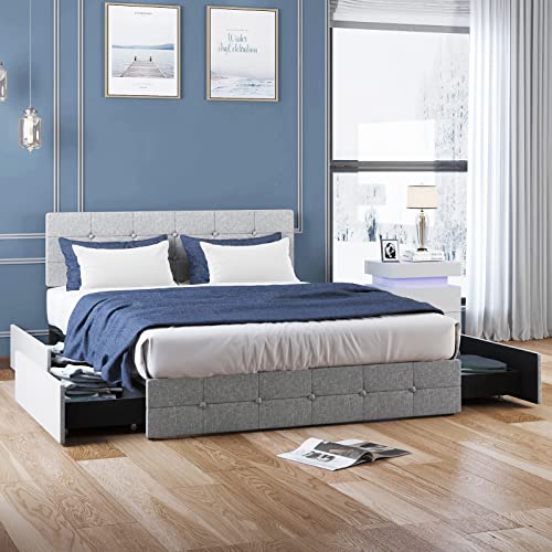 BALUS King Size Platform Bed Frame, Upholstered and Button Tufted Headboard Square Stitched, 4 Storage Drawers, Headboard Adjustable, No Box Spring Needed- Light Grey