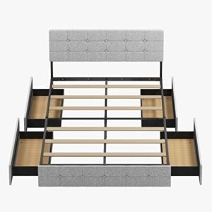BALUS King Size Platform Bed Frame, Upholstered and Button Tufted Headboard Square Stitched, 4 Storage Drawers, Headboard Adjustable, No Box Spring Needed- Light Grey