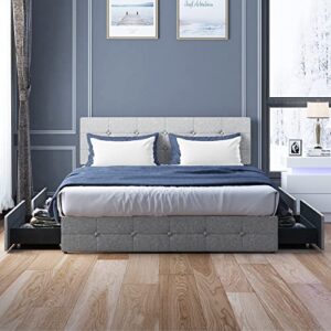 BALUS King Size Platform Bed Frame, Upholstered and Button Tufted Headboard Square Stitched, 4 Storage Drawers, Headboard Adjustable, No Box Spring Needed- Light Grey