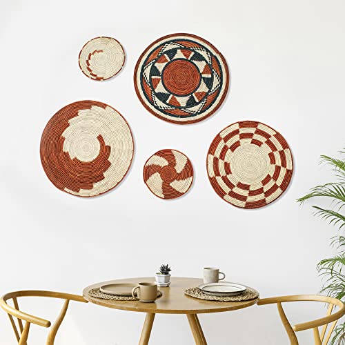 Artizenway Handmade Flat Wall Decor Basket Set of 5-Boho Wall Hanging Basket Crafted From Date Palm Leaves -Suitable For Bedroom, Living Room, Rest Room Or Dining Table