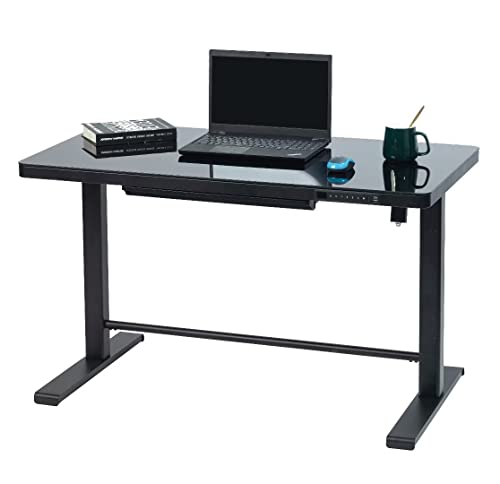 Lanxicat 46x24 Glass Electric Standing Home Office Desks Stand Up Desk Adjustable Height Desk with USB/Wireless Charging/Power Strip with Drawers (1Tempered Glass Top, Black Frame, 46x24)