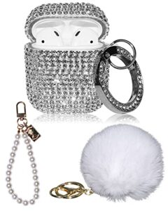 4in1 bling for airpod case diamonds cover set kit, luxurious rhinestone pc for airpods 2/1 case accessories for women girl w/cute fur ball pompom keychain/crystal bracelet/lobster clasp keychain