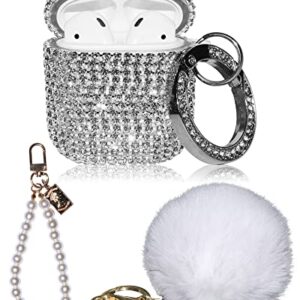 4in1 Bling for AirPod Case Diamonds Cover Set Kit, Luxurious Rhinestone PC for AirPods 2/1 Case Accessories for Women Girl w/Cute Fur Ball Pompom Keychain/Crystal Bracelet/Lobster Clasp Keychain