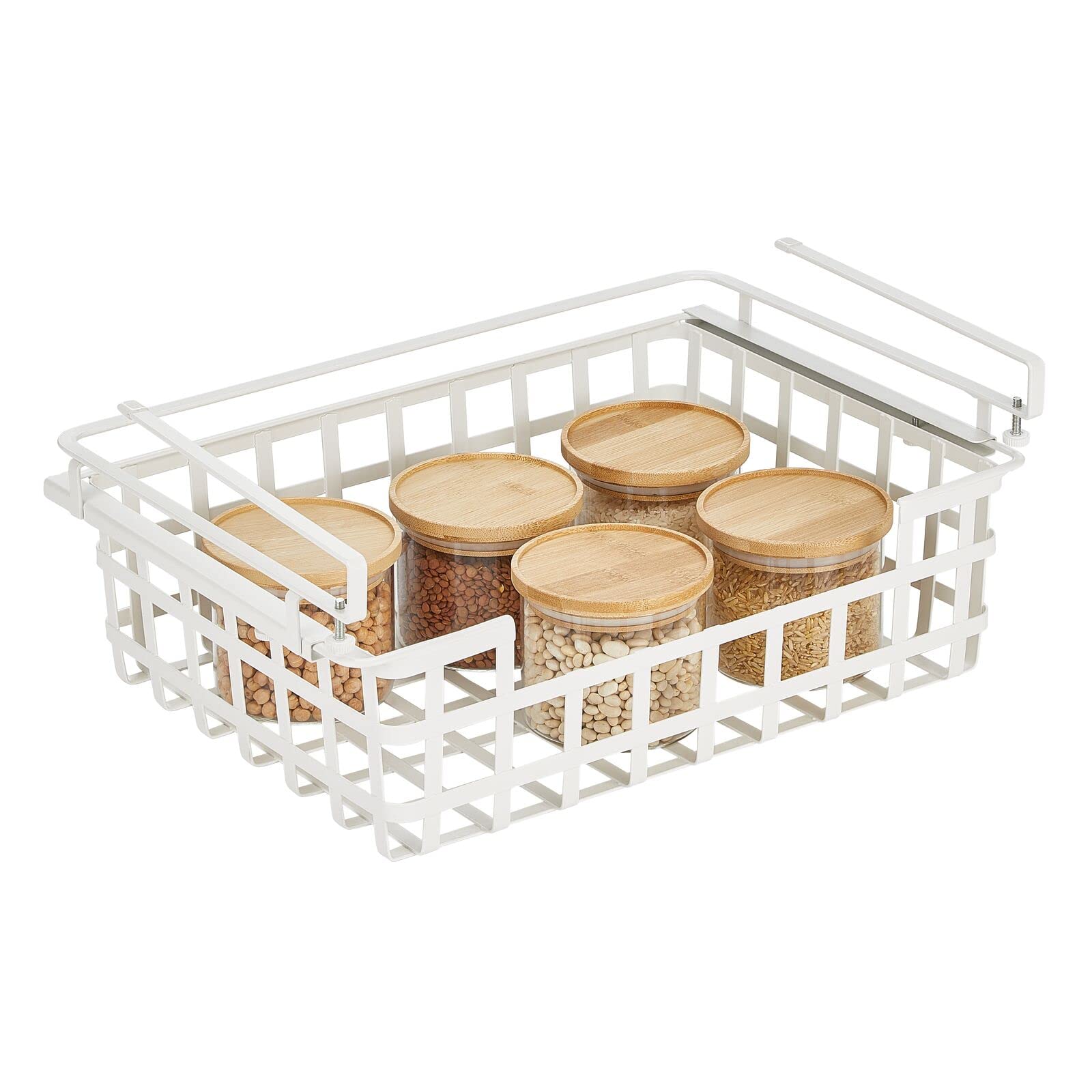 mDesign Nate Home by Nate Berkus Sliding Under Shelf Hanging Pull Out Organizer | Metal Wire Basket Organizer for Kitchen Cabinets or Pantry Shelves from mDesign - Matte White