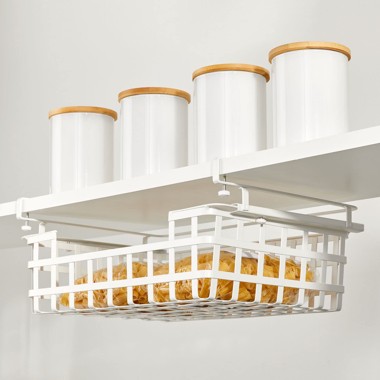 mDesign Nate Home by Nate Berkus Sliding Under Shelf Hanging Pull Out Organizer | Metal Wire Basket Organizer for Kitchen Cabinets or Pantry Shelves from mDesign - Matte White