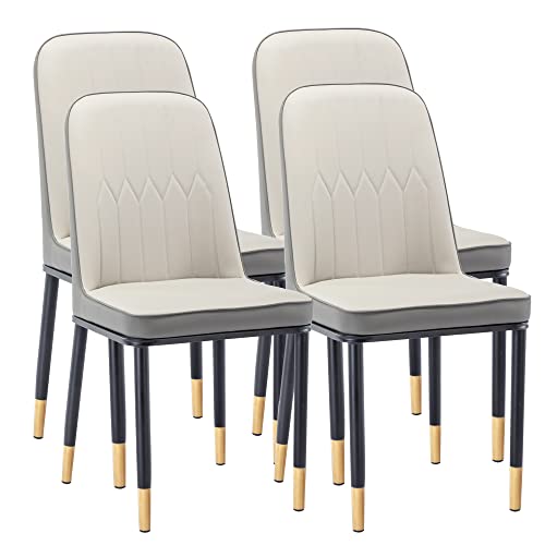 Krinana PU Leather Dining Chairs Set of 4, Armless Side Chair with Metal Gold Legs for Kitchen Dining Room Living Room (Beige+Grey, Set of 4)