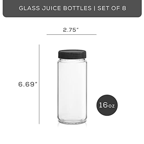 JoyJolt Glass Juice Bottles, 16 oz Glass Bottles with Caps. Set of 8 Juice Containers with Lids for Fridge, and Labels for Juice Jars. Glasses for Juice, Cold Brew Bottles, Smoothie Jars