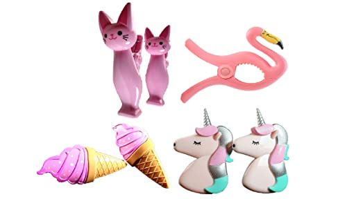 4 Set (8 Ct) Pink Ice Cream / Pink Unicorn / Pink Cat / Flamingo Beach Towel Clips Jumbo Size for Beach Chair, Cruise Beach Patio, Pool Accessories for Chairs, Household Clip, Baby Stroller