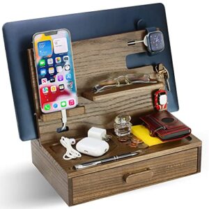 kayjax wood phone docking station for men & women with drawer -mens organizer station -docking station for dad -husbands anniversary & birthday gifts -organizers for watch, wallet, keys, cellphone