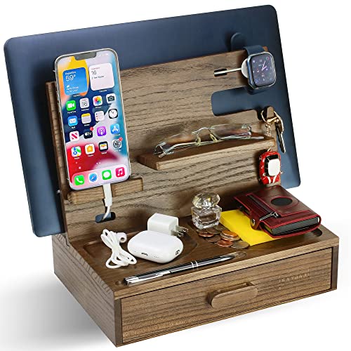 Kayjax Wood Phone Docking Station for Men & Women with Drawer -Mens Organizer Station -Docking Station for Dad -Husbands Anniversary & Birthday Gifts -Organizers for Watch, Wallet, Keys, Cellphone