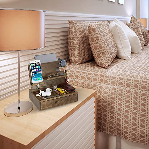 Kayjax Wood Phone Docking Station for Men & Women with Drawer -Mens Organizer Station -Docking Station for Dad -Husbands Anniversary & Birthday Gifts -Organizers for Watch, Wallet, Keys, Cellphone